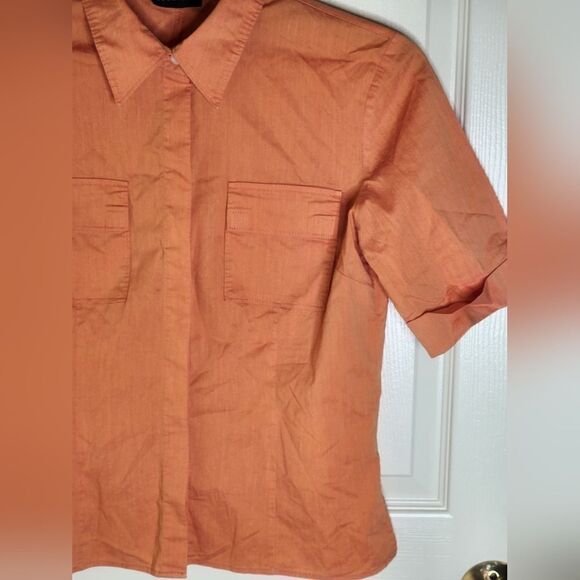 New York & Company M Orange Cotton Blend Shrtslvs Pockets Buttons Up Women Shirt - Picture 5 of 10